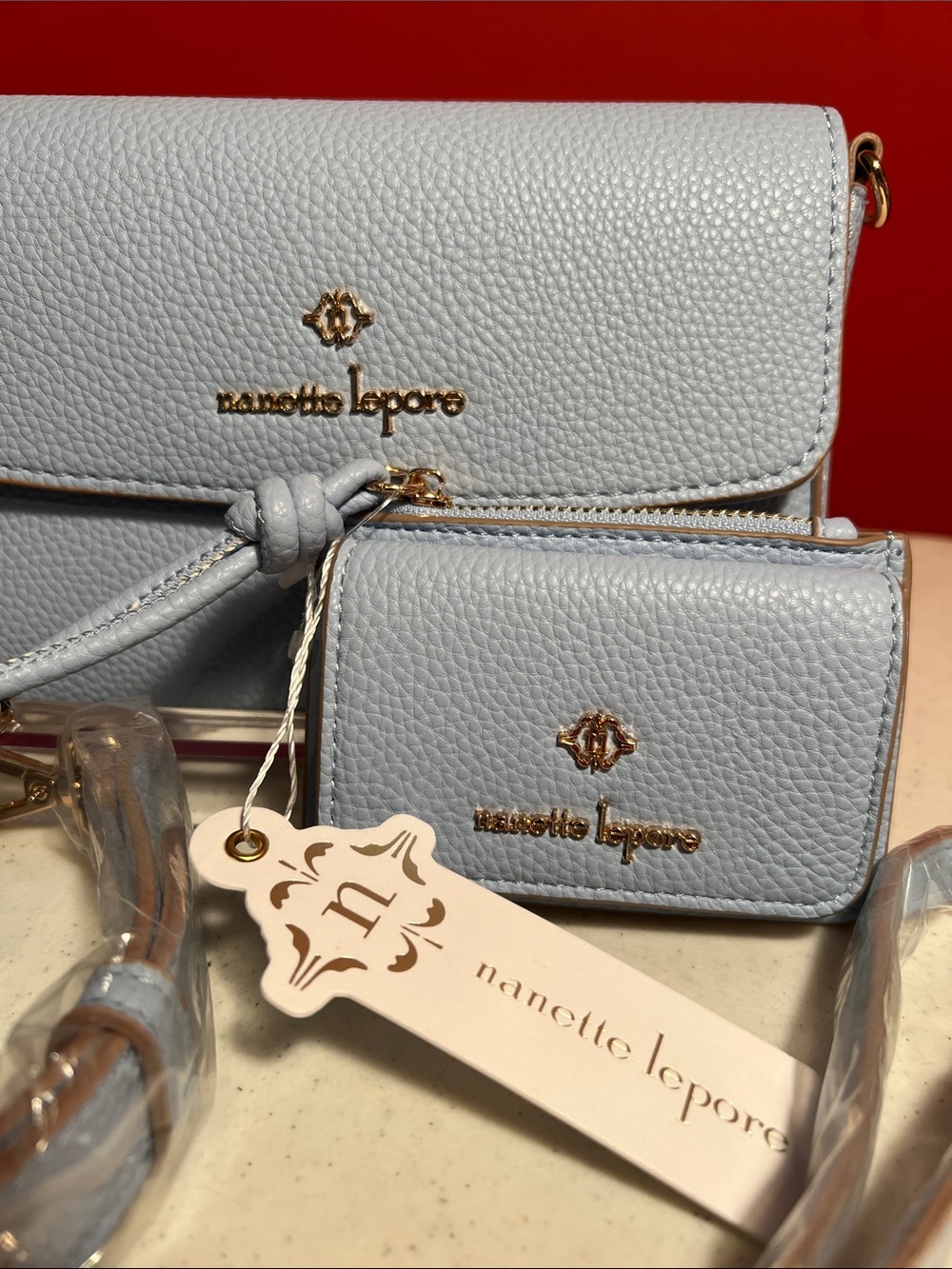 Nanette Lepore Powder Blue Pebbled Leather Crossbody with Wallet - Picture 2 of 10